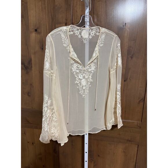 Floral embroidered mesh top with tie neck and bell sleeves. Preowned No size Tag - Picture 2 of 6